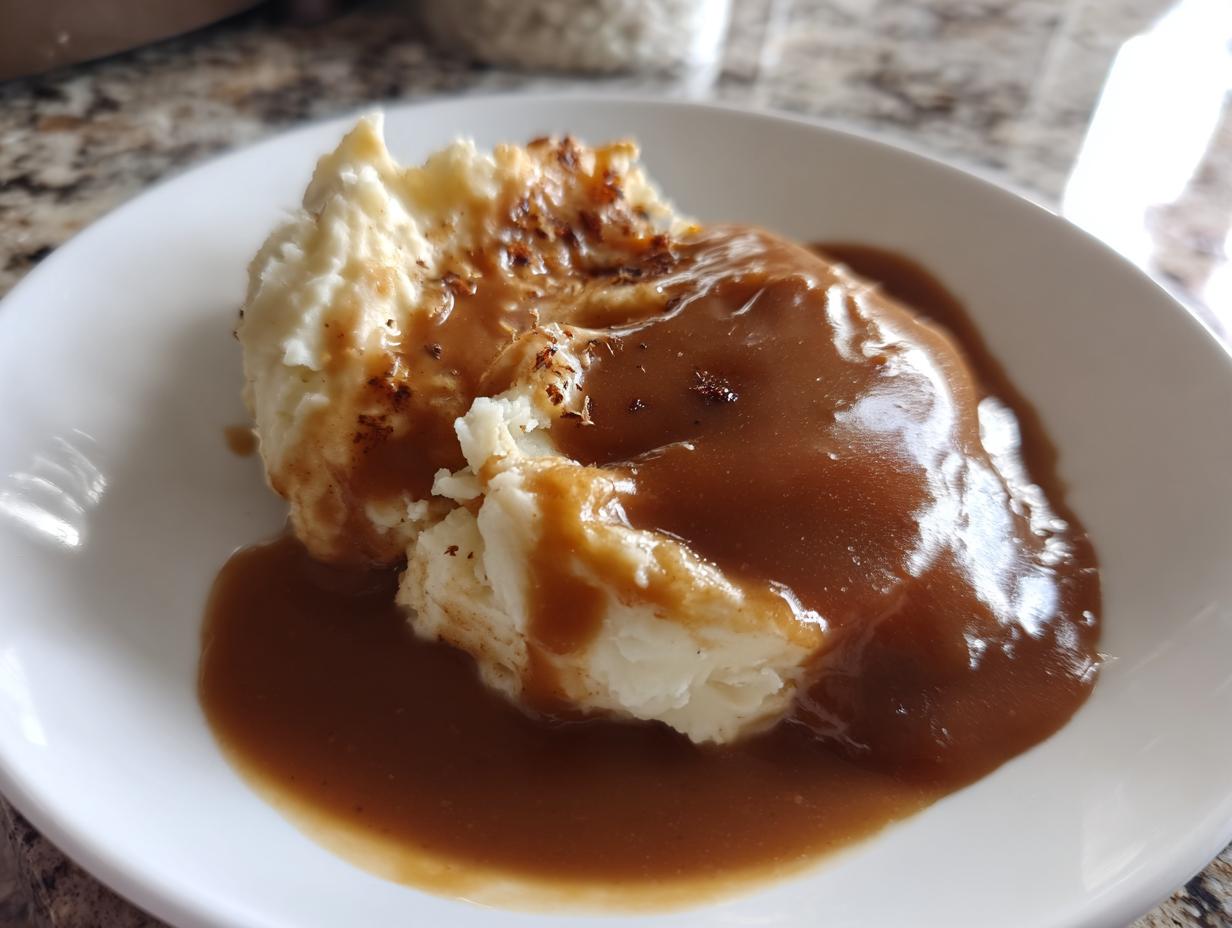 A close-up of fluffy mashed potatoes generously covered in rich, smooth homemade brown gravy on a white plate.