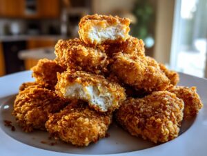 A pile of crispy, golden homemade chicken nuggets stacked on a white plate, one nugget is broken open showing white meat.