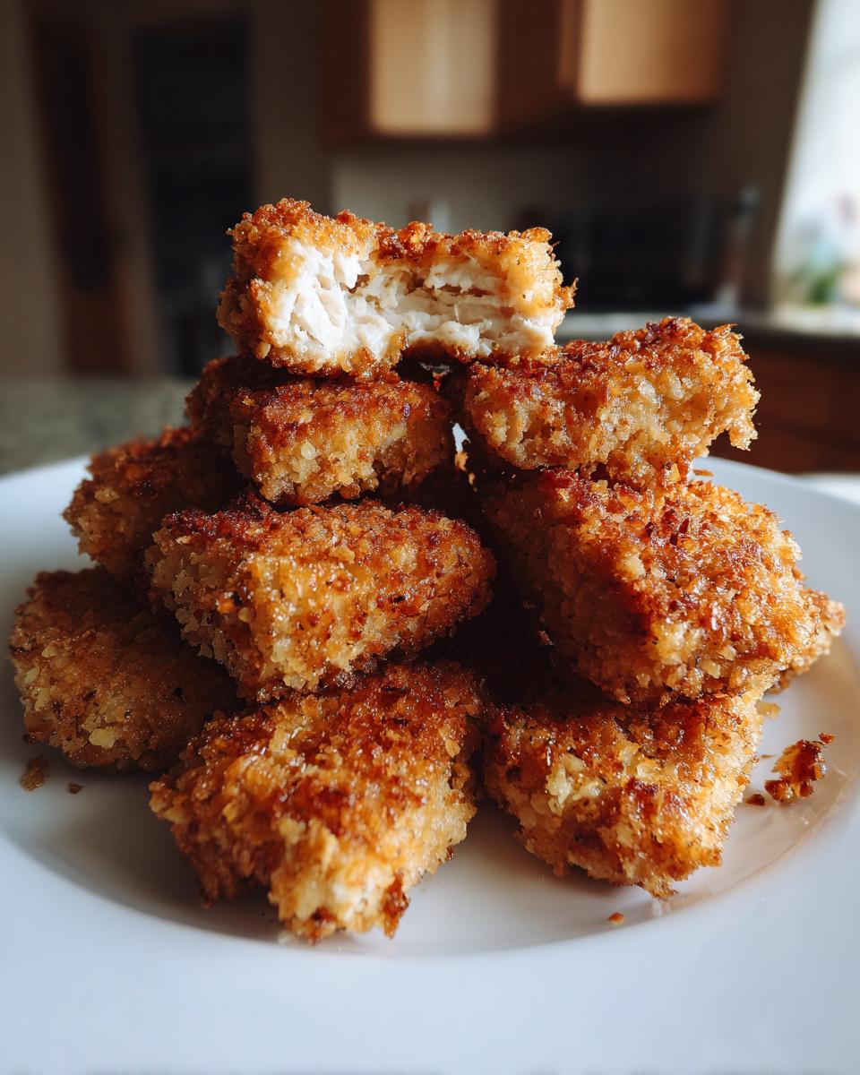 A stack of crispy, golden brown homemade chicken nuggets on a white plate, with one nugget broken open showing the white chicken meat inside.