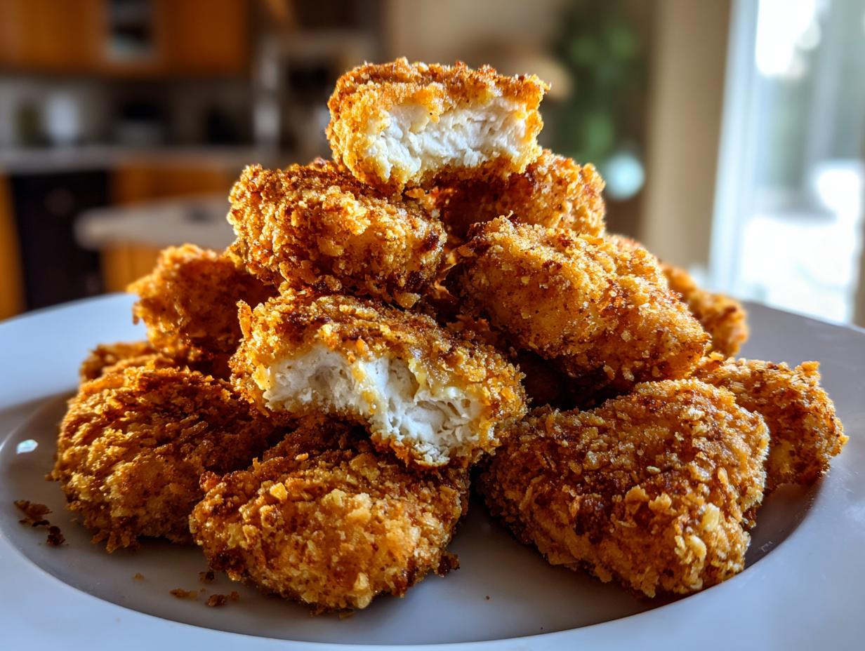 A pile of crispy, golden homemade chicken nuggets stacked on a white plate, one nugget is broken open showing white meat.
