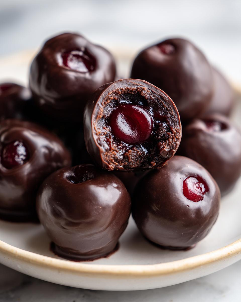 A close-up of several rich, dark chocolate covered cherries, one cut open to show the juicy cherry center.