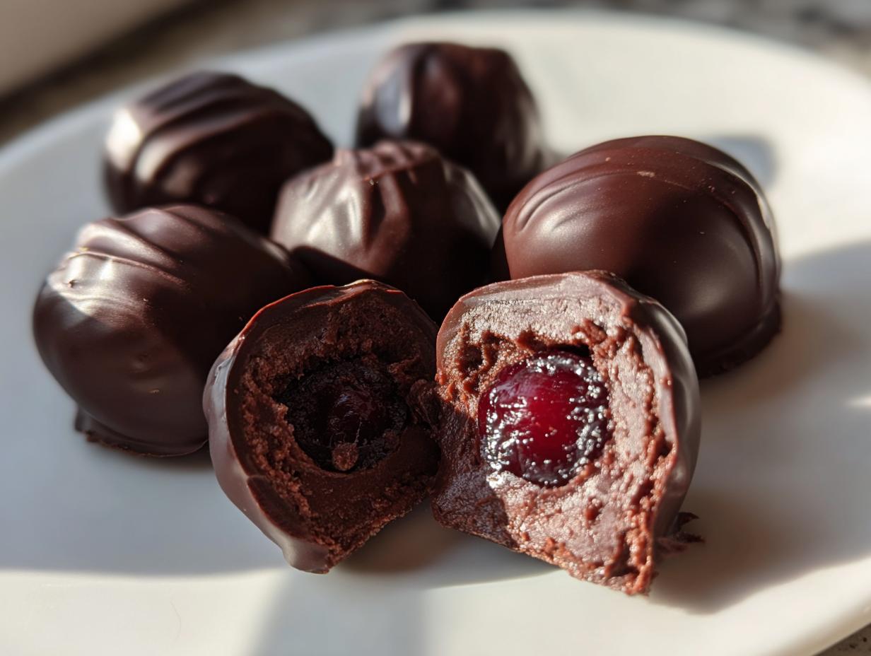 Close-up of homemade chocolate covered cherries, one cut open revealing a dark cherry center.