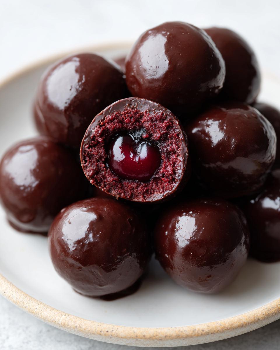 Close-up of homemade chocolate covered cherries, one cut in half showing the cherry center and cake-like filling.