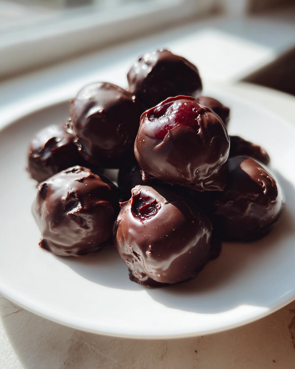 A pile of homemade chocolate covered cherries with visible cherry filling on a white plate, lit by sunlight.