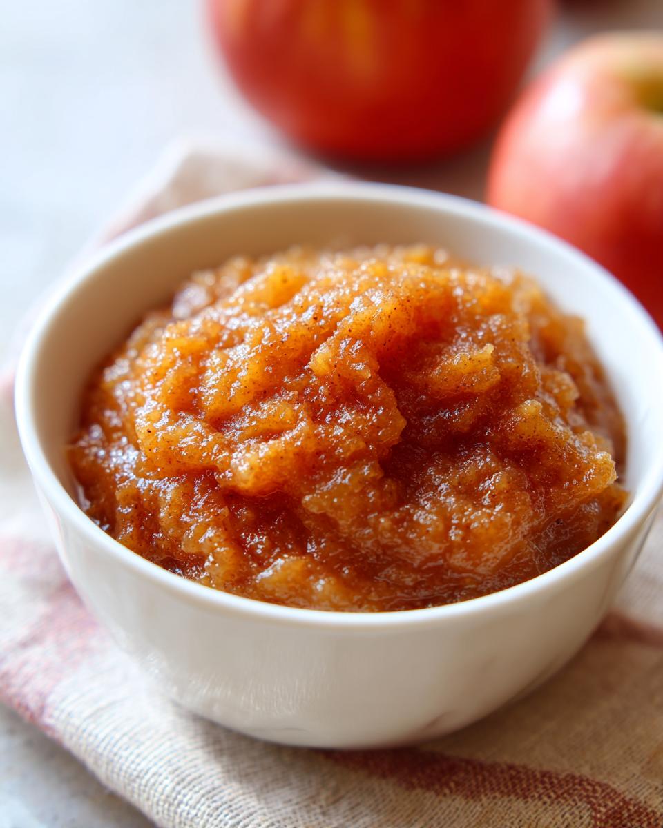 Close-up of rich, spiced homemade applesauce in a white bowl, with fresh apples blurred in the background.