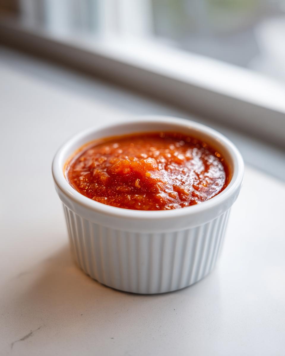 A small white ramekin filled with vibrant red homemade cocktail sauce, sitting on a white countertop.