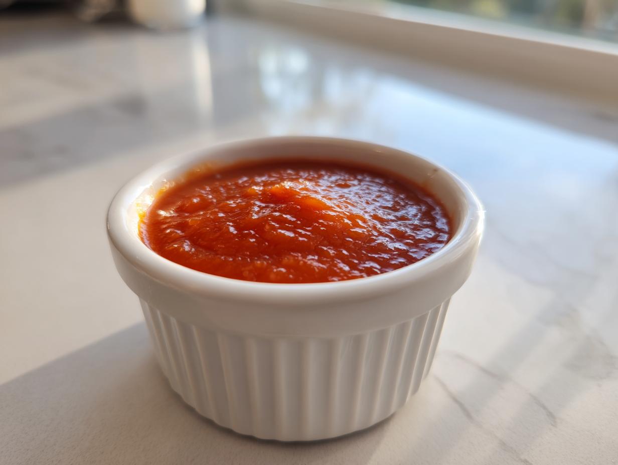 A close-up of vibrant, thick homemade cocktail sauce served in a small, white, fluted ramekin.