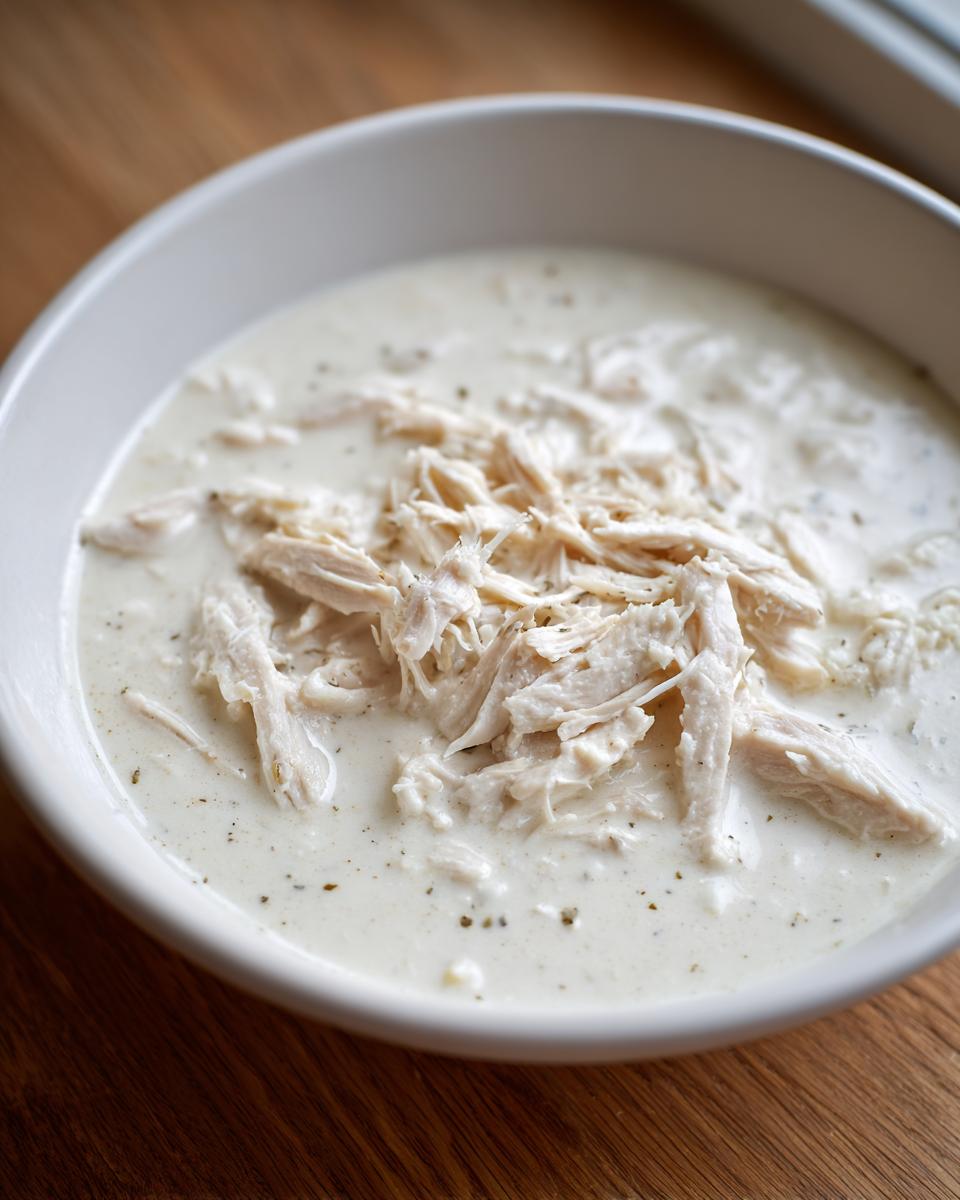 Close-up of a white bowl filled with creamy homemade cream of chicken soup topped generously with shredded white chicken meat.