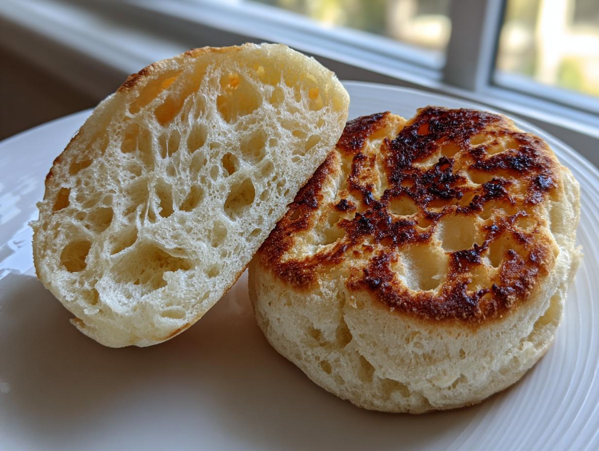A homemade english muffin, split in half, showing the signature nooks and crannies texture.