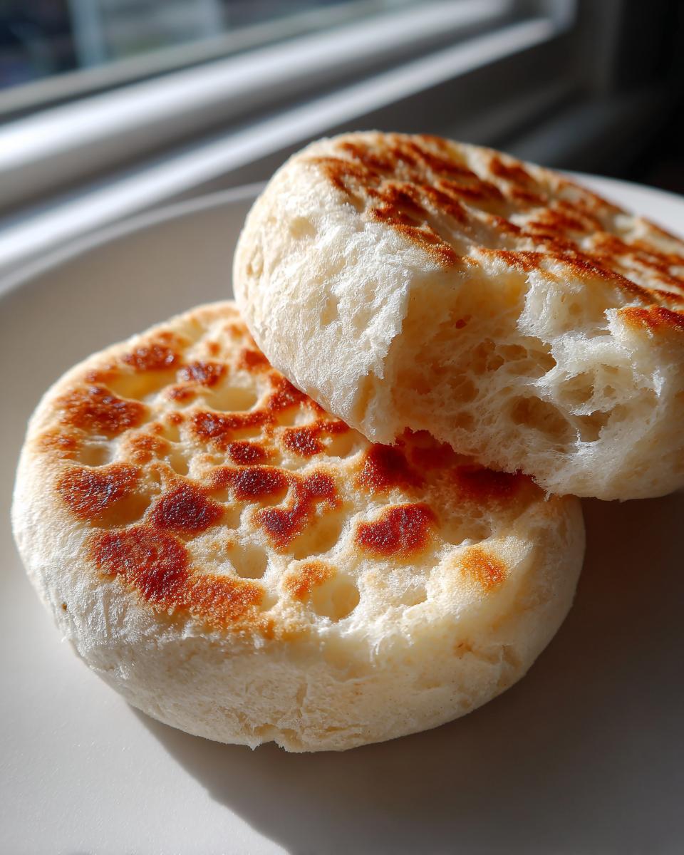 Close-up of two halves of a homemade english muffin, showing the signature nooks and crannies texture.