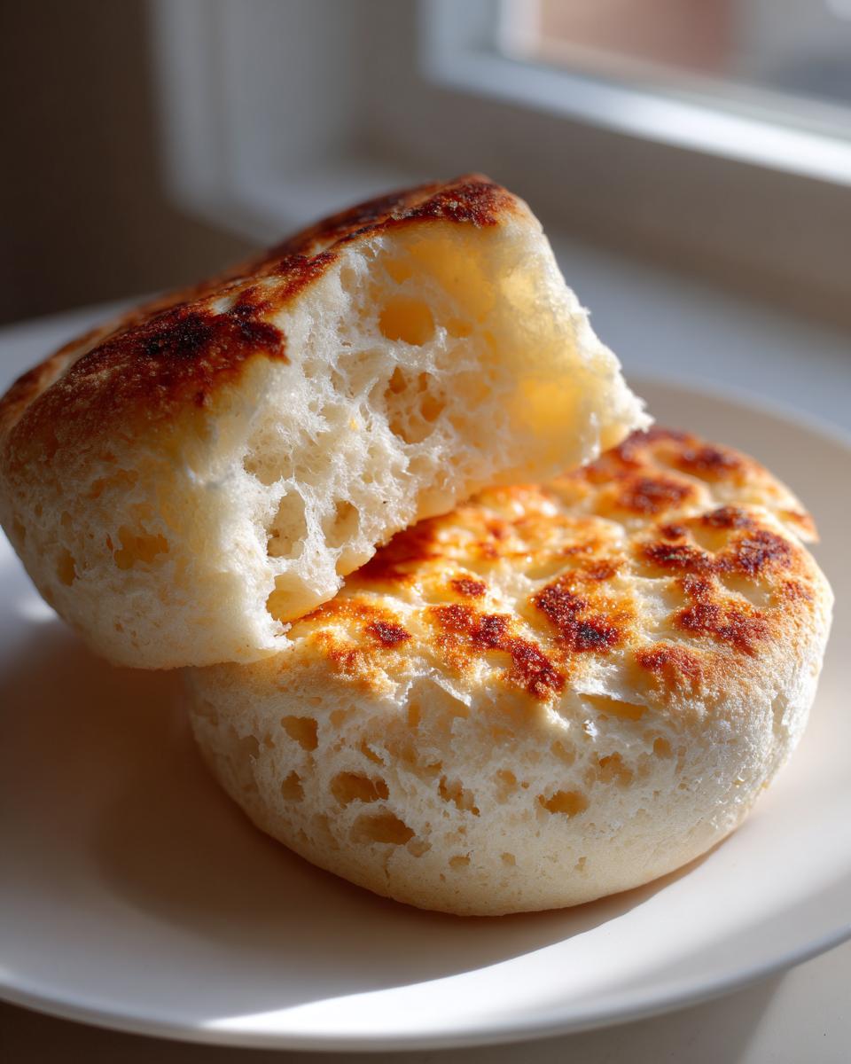 Close-up of a homemade english muffin split in half, showing its signature nooks and crannies texture.
