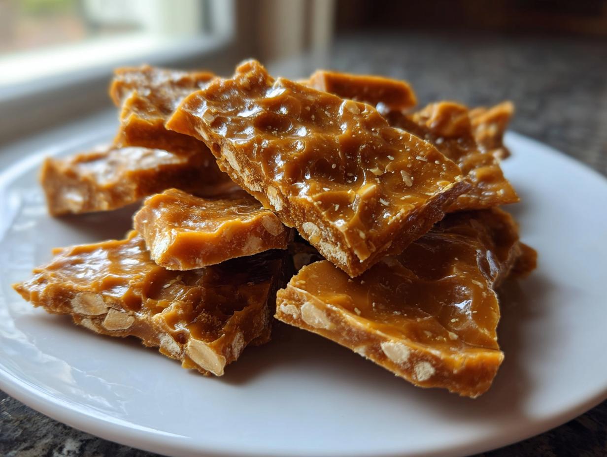 A pile of golden brown, shiny pieces of homemade peanut brittle recipe stacked on a white plate.