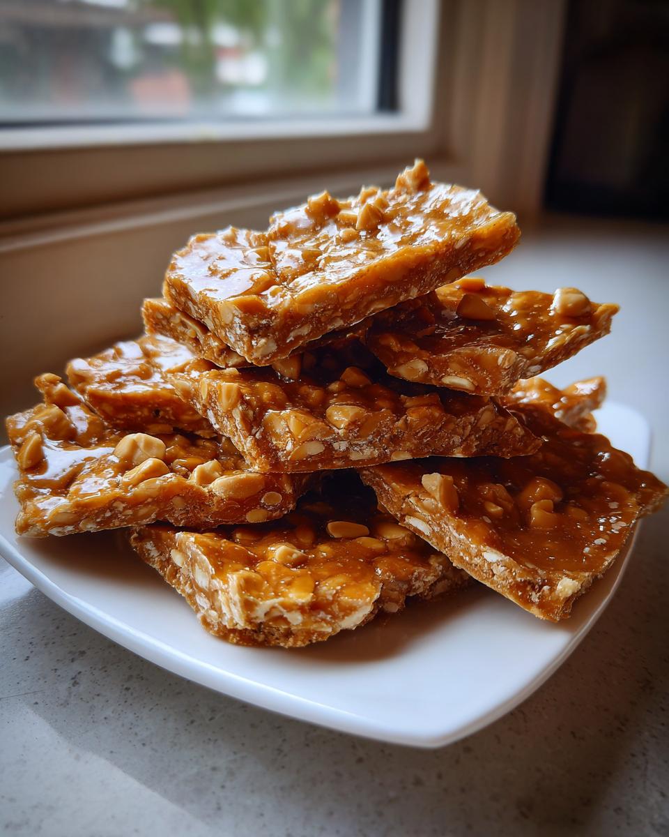 A stack of glossy, broken pieces of homemade peanut brittle recipe served on a white plate.