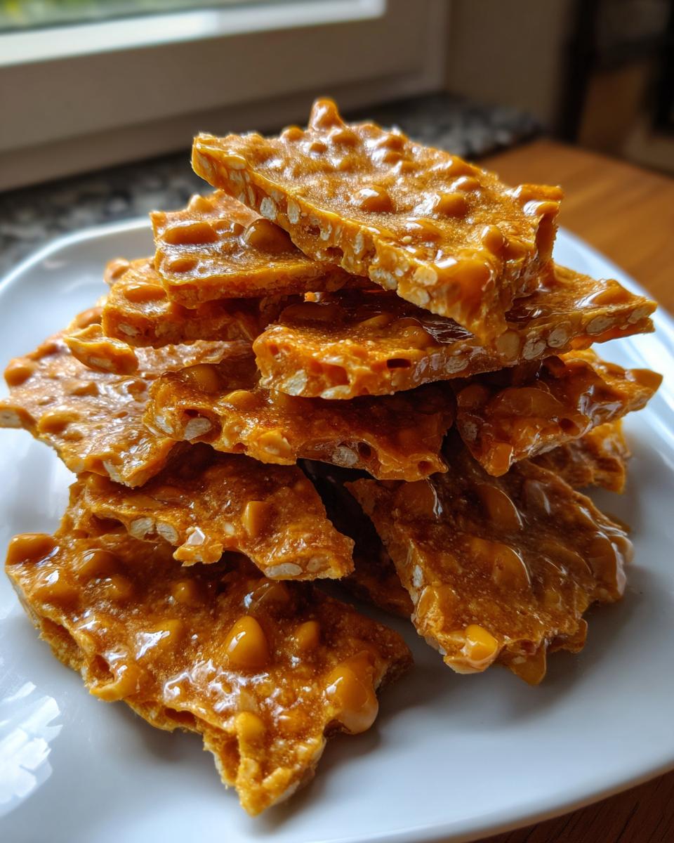 A stack of golden brown, glossy pieces of homemade peanut brittle recipe piled on a white plate.