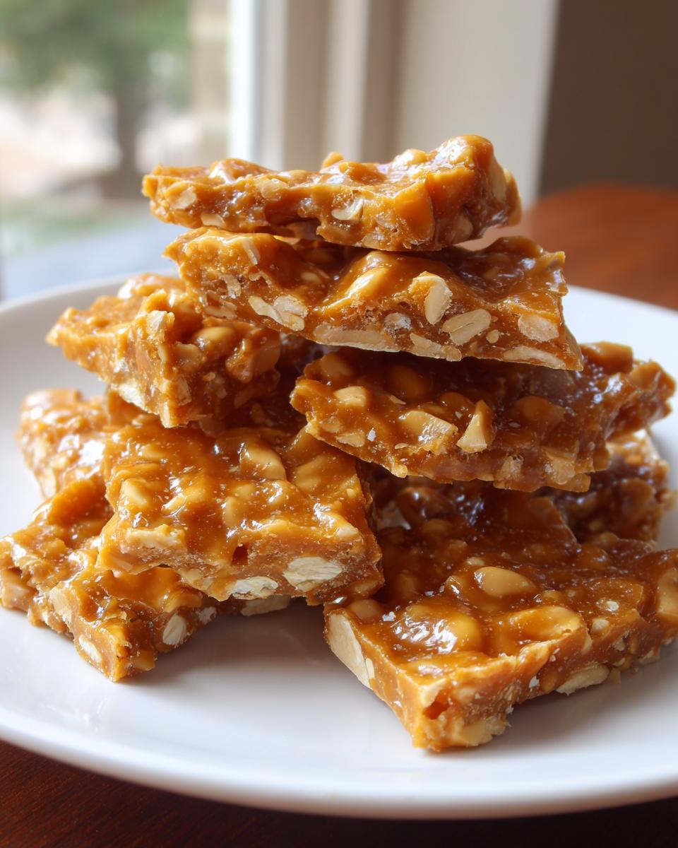 A stack of freshly broken pieces of homemade peanut brittle recipe on a white plate.