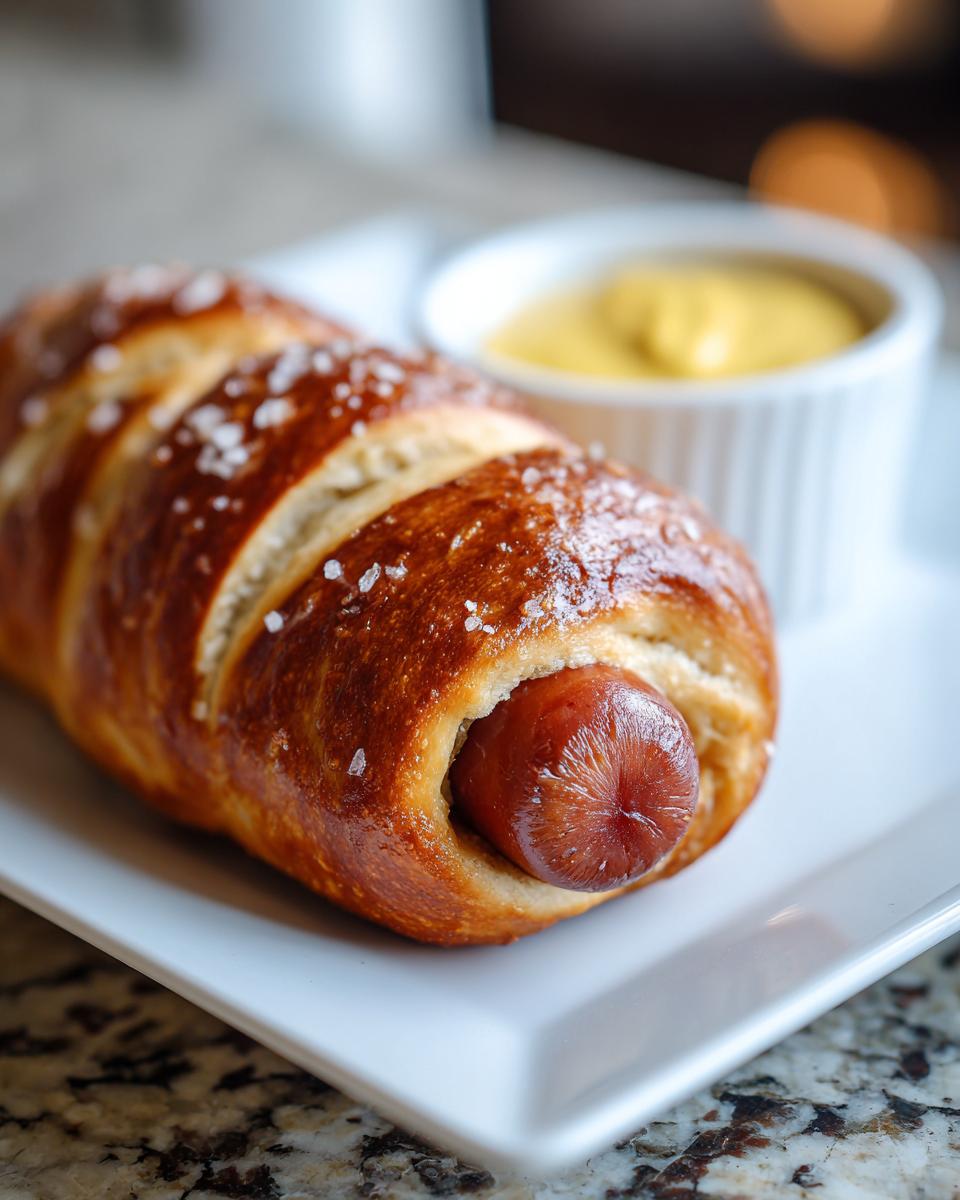 A close-up of a freshly baked pretzel dog, sprinkled with coarse salt, served on a white plate next to a small dish of yellow mustard.