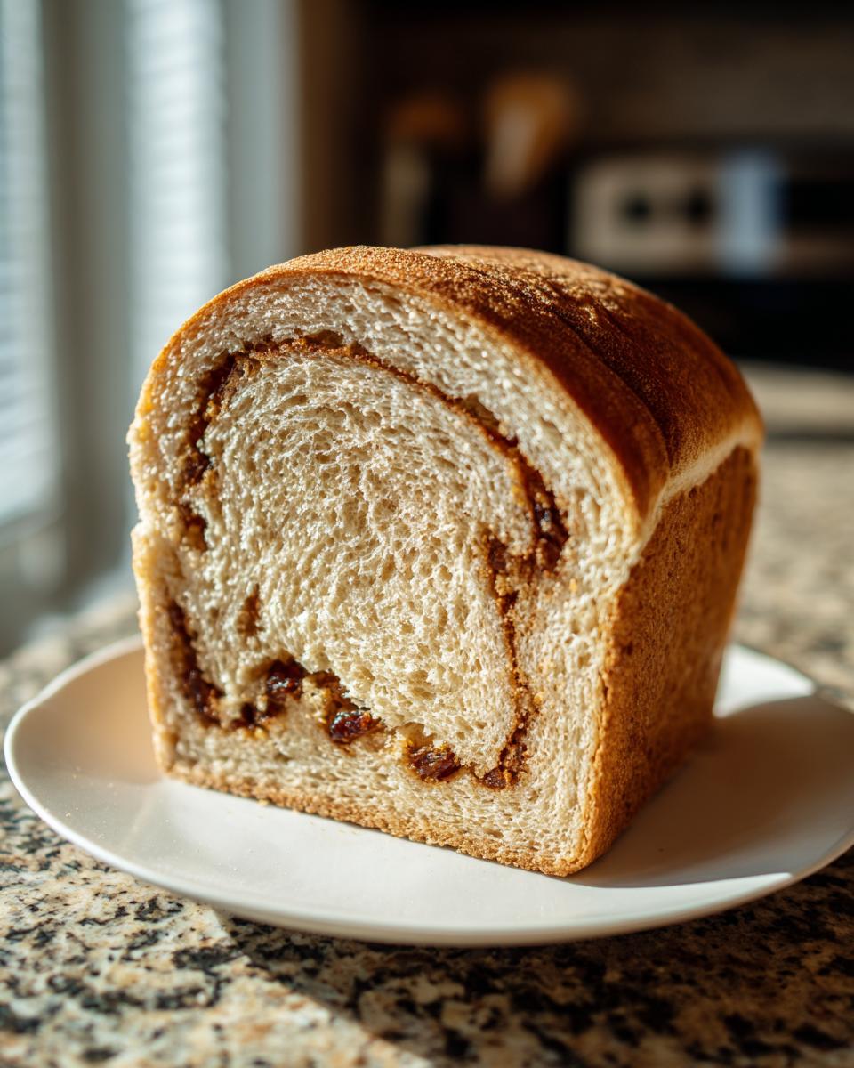 A thick slice of homemade raisin bread showing a beautiful cinnamon swirl and visible raisins, resting on a white plate.