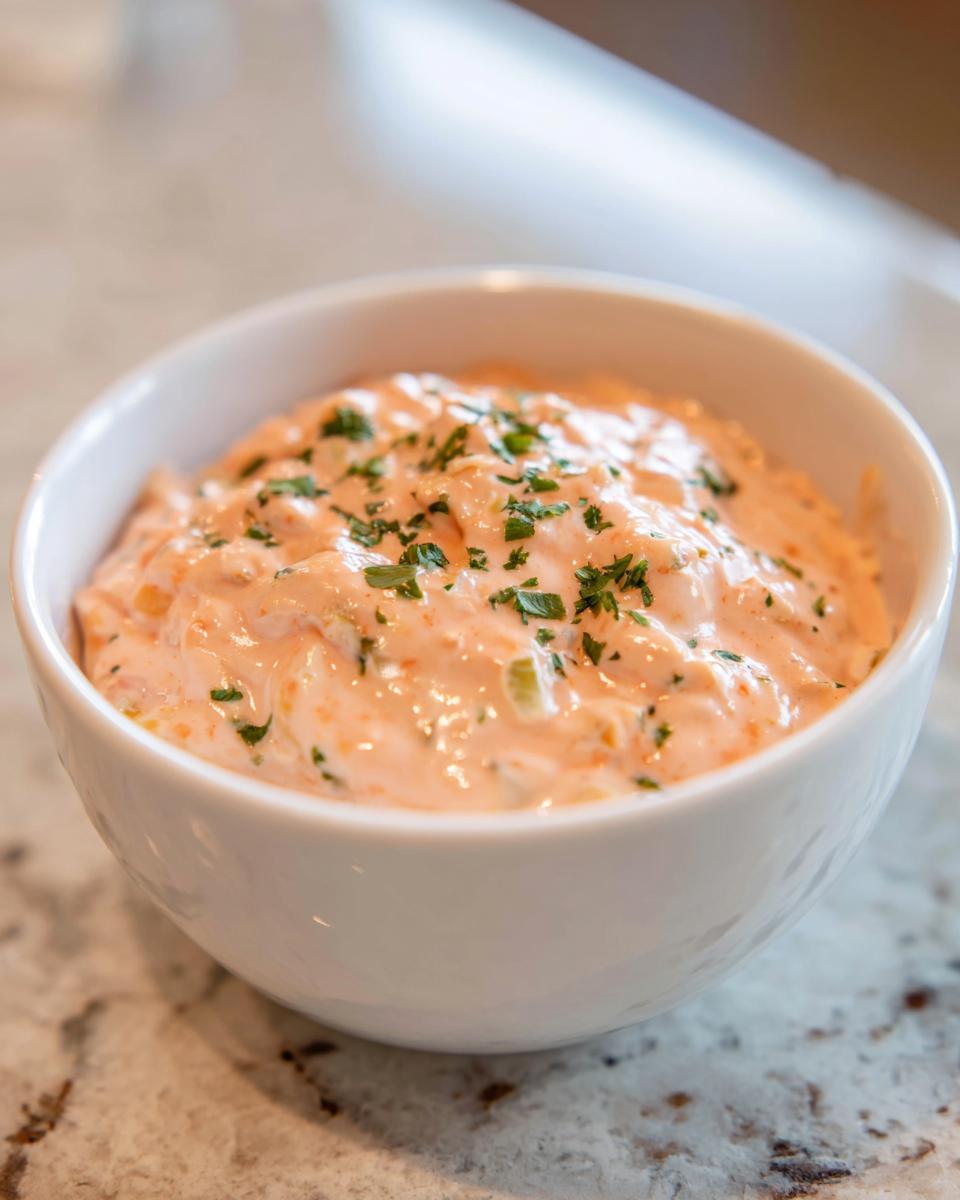 Close-up of a white bowl filled with creamy, pinkish remoulade sauce, topped with chopped fresh parsley.