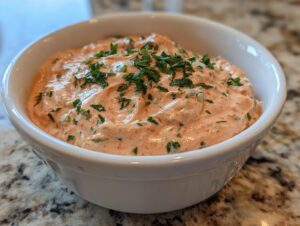 A close-up of creamy, pinkish-orange remoulade sauce topped with fresh chopped parsley in a white bowl.