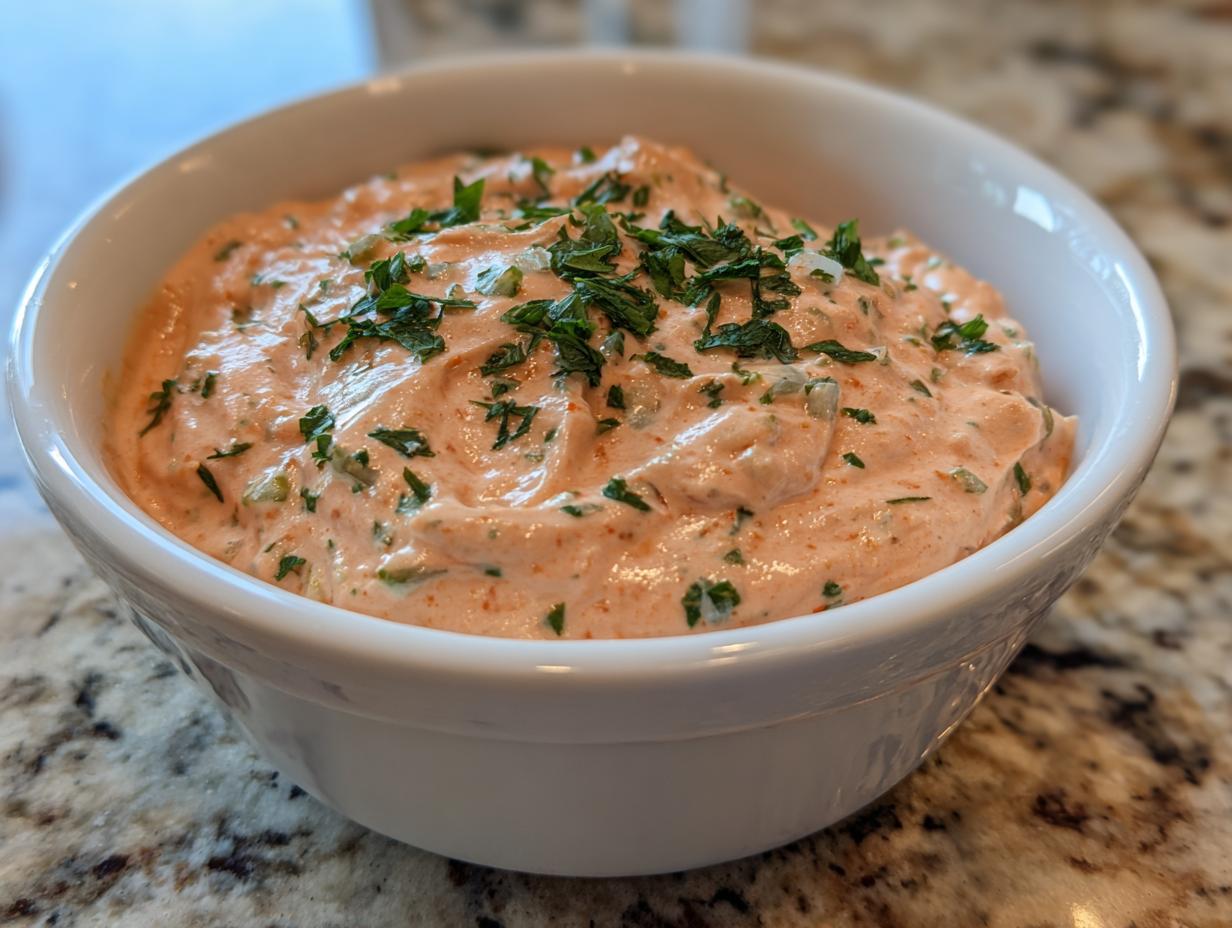 A close-up of creamy, pinkish-orange remoulade sauce topped with fresh chopped parsley in a white bowl.
