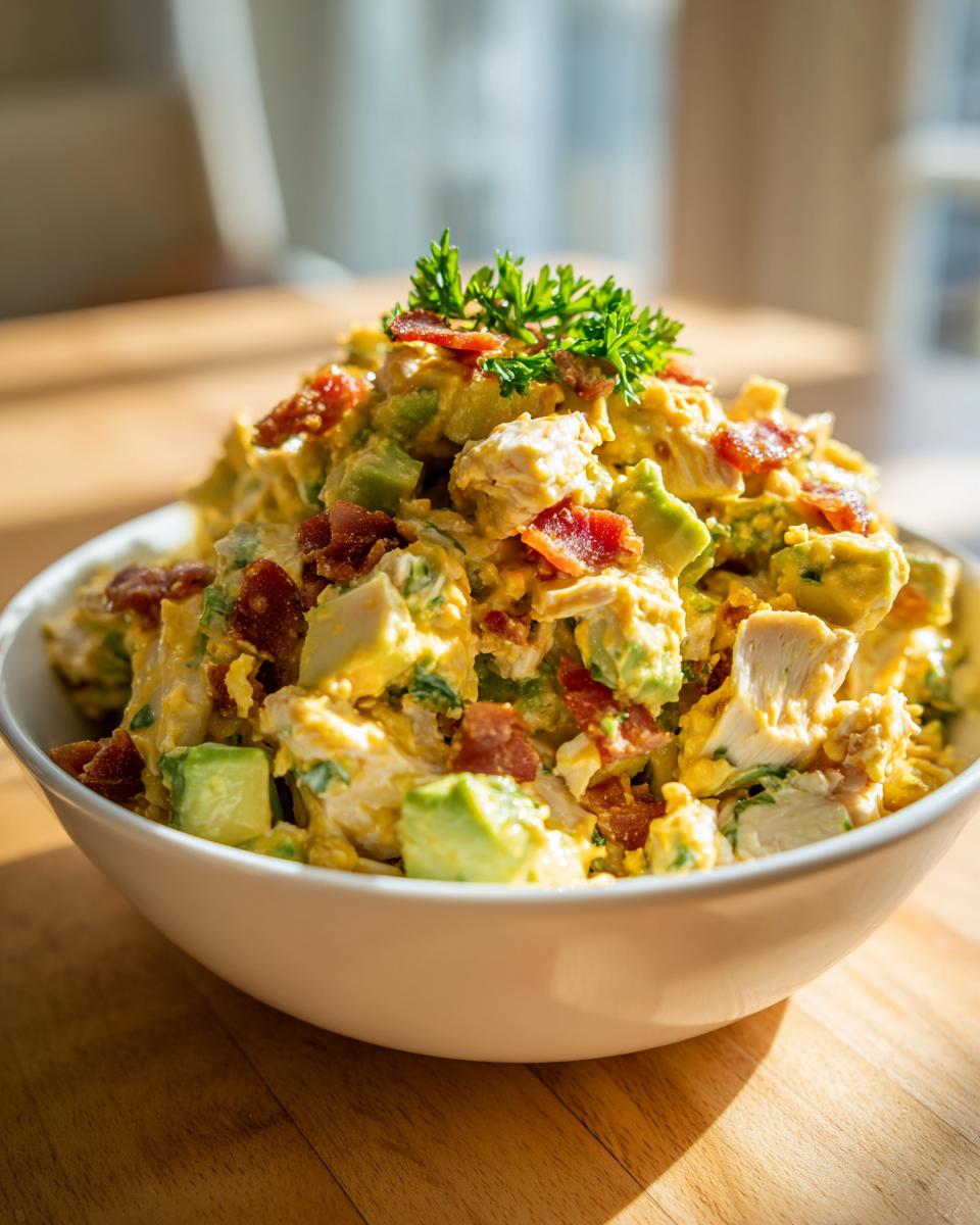 Close-up of a white bowl filled with creamy honey mustard chicken salad mixed with chunks of avocado and topped with crispy bacon bits.