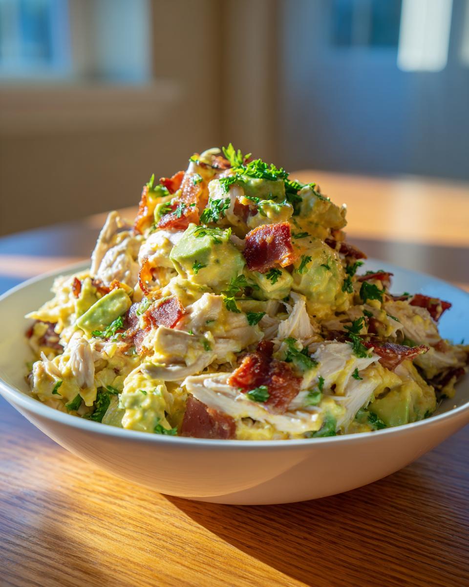 A generous bowl of honey mustard chicken salad mixed with chunks of avocado and topped with crispy bacon pieces and parsley.