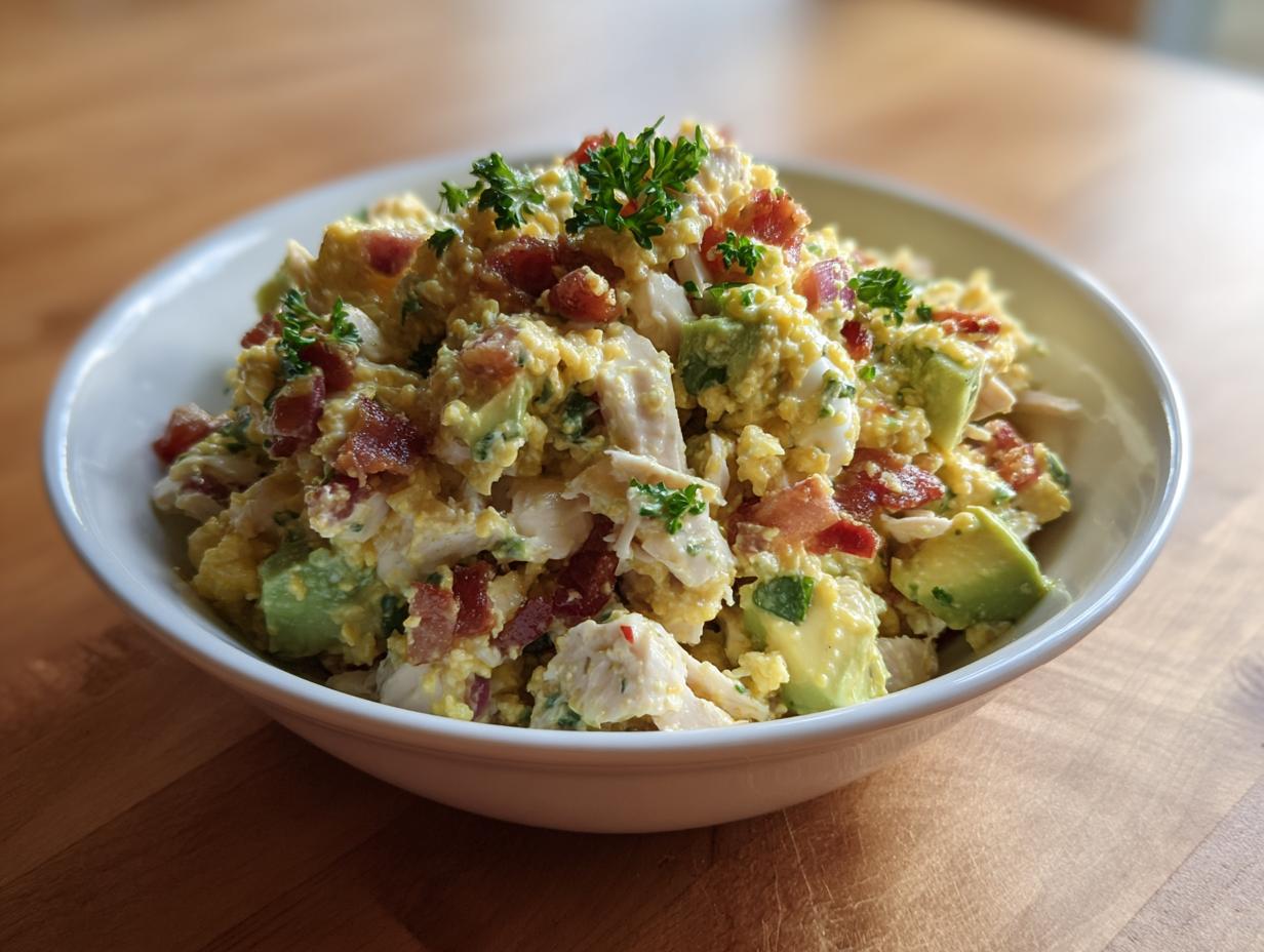 A close-up of a white bowl filled with creamy honey mustard chicken salad mixed with chunks of avocado and crispy bacon pieces.