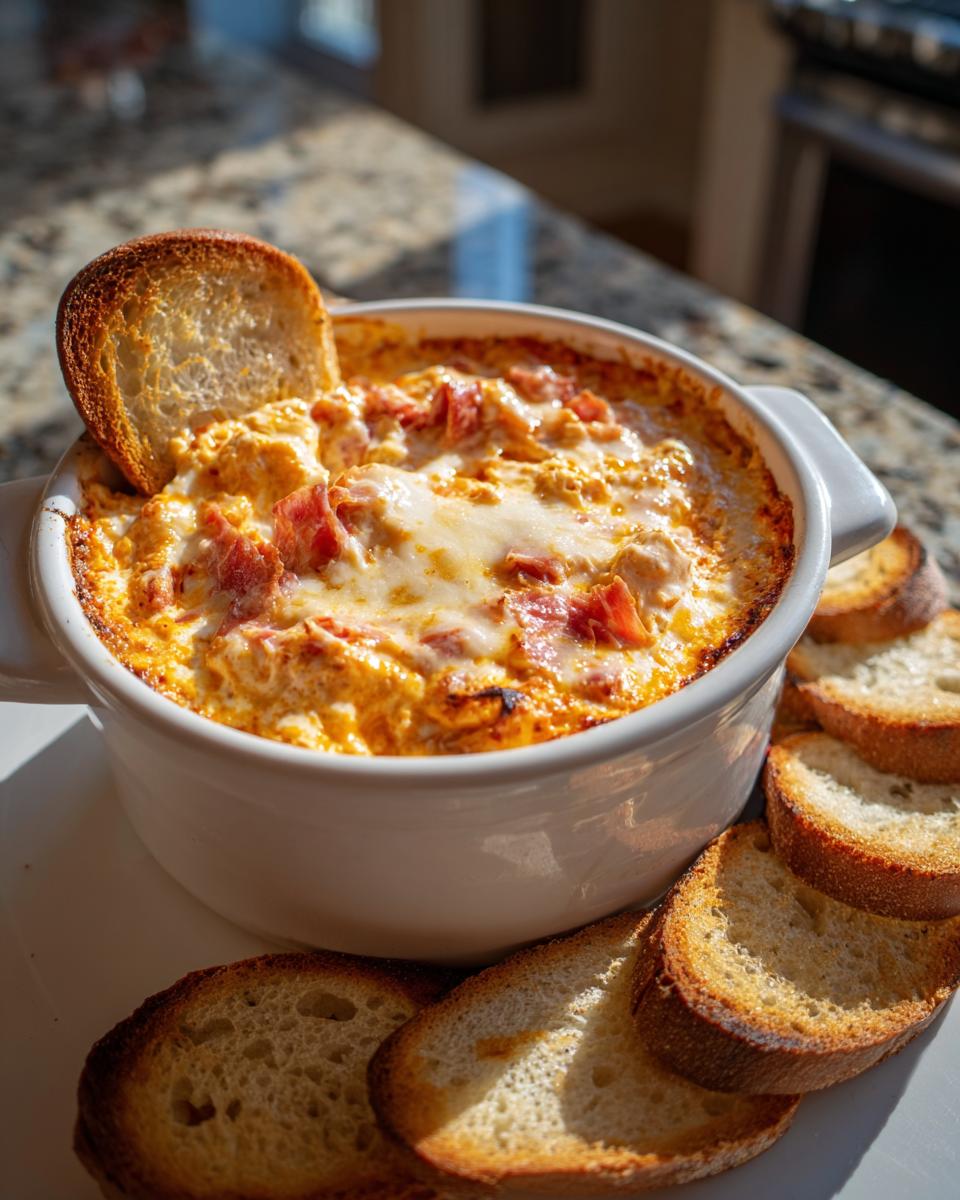 A bubbling, cheesy baked reuben dip served hot in a white crock with toasted bread slices for dipping.
