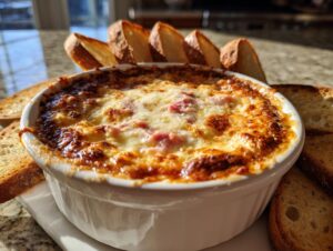 A close-up of a hot, baked reuben dip with a bubbly, browned cheese top, served in a white bowl surrounded by toasted bread slices.