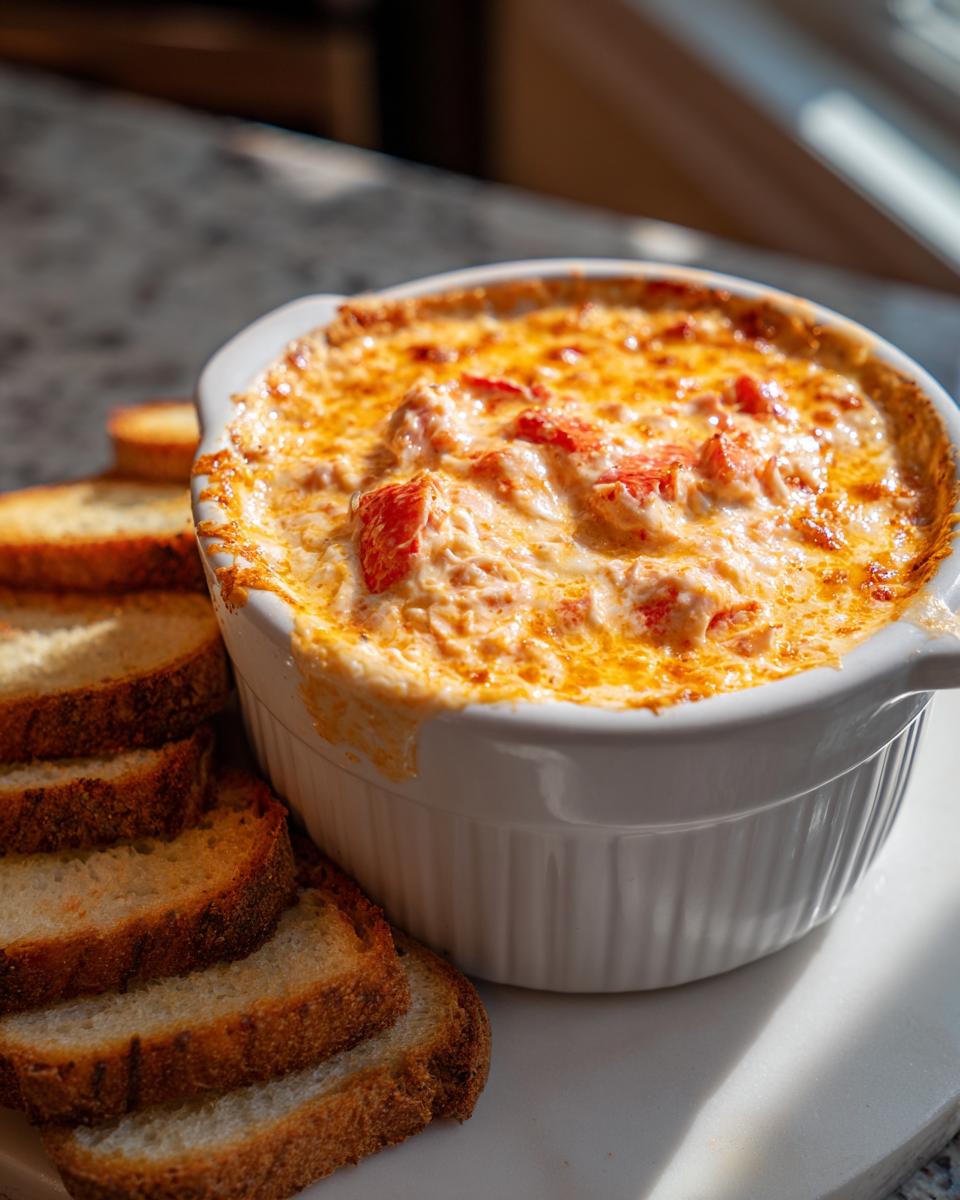 Close-up of a bubbling, hot baked reuben dip in a white ceramic dish served with toasted bread slices.