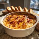A hot, bubbly, baked reuben dip with a golden-brown, cheesy top served in a white oval dish with toasted bread slices nearby.