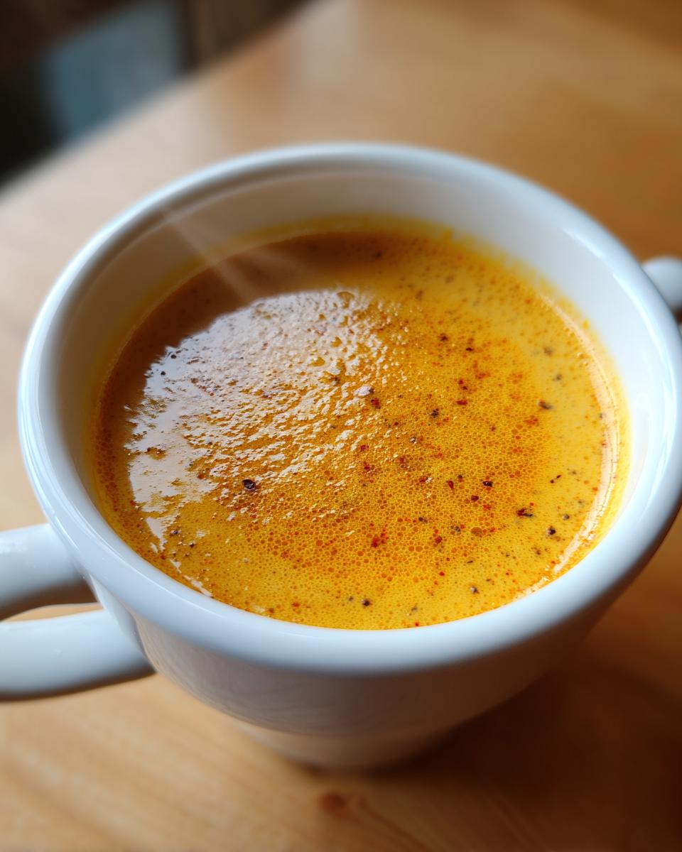 Close-up of hot, bubbly, orange-yellow beer cheese dip served in a white mug, showing spices floating on top.