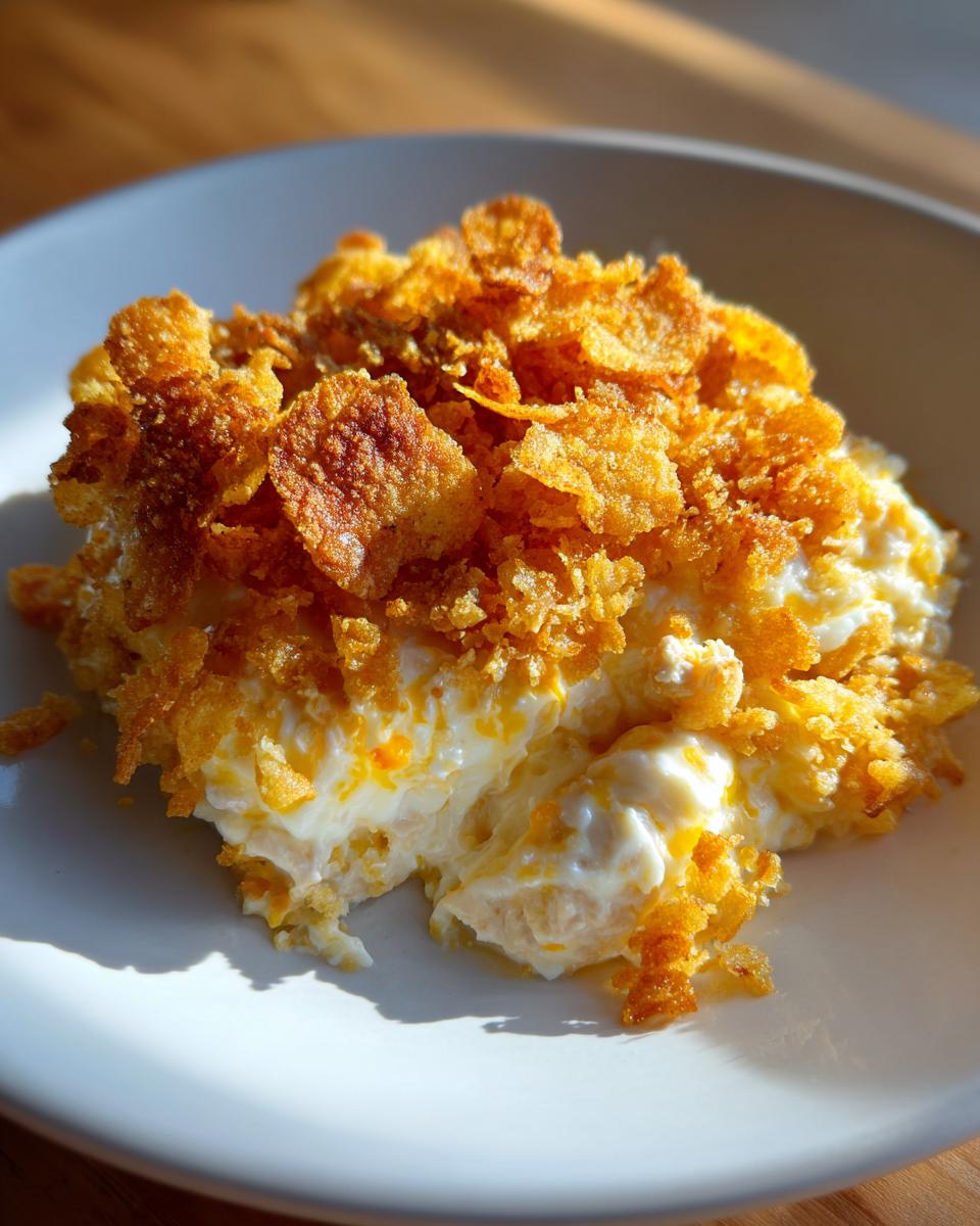 Close-up of a serving of hot chicken salad casserole with a creamy interior and a crunchy, golden cornflake topping.