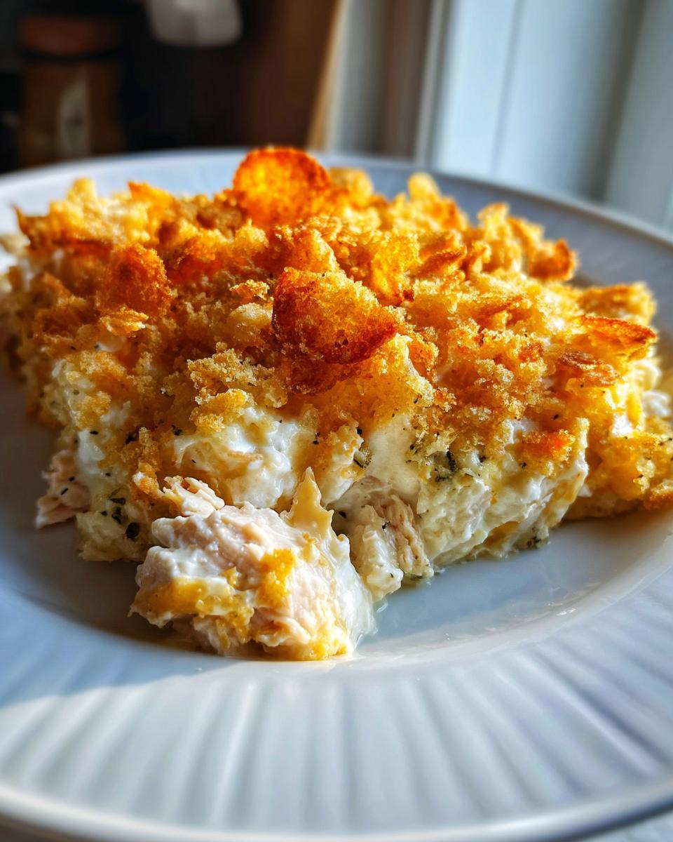 A close-up serving of creamy hot chicken salad casserole topped with golden, crunchy breadcrumbs.