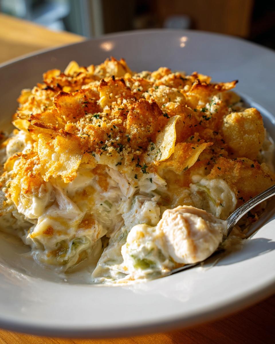 A spoonful of creamy hot chicken salad casserole topped with crispy, golden potato chips and herbs.