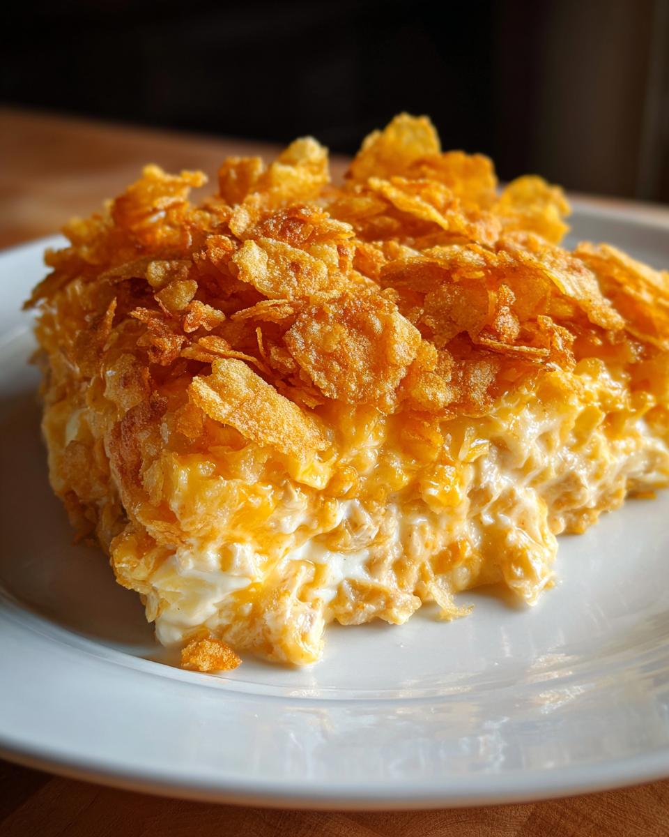 A close-up slice of creamy hot chicken salad casserole topped generously with golden, crunchy cornflakes.