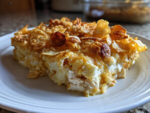 A close-up of a serving of hot chicken salad casserole topped with golden, crunchy cornflakes.