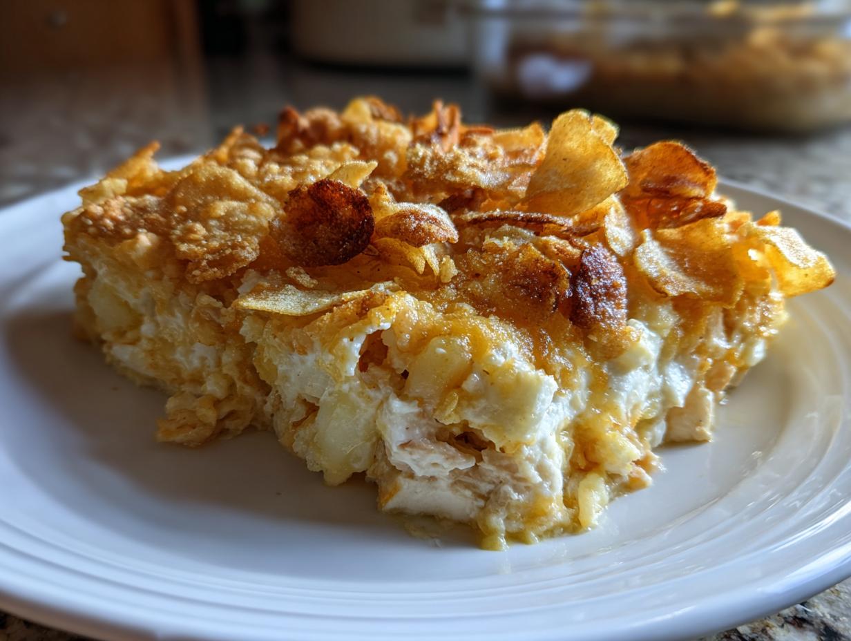 A close-up of a serving of hot chicken salad casserole topped with golden, crunchy cornflakes.