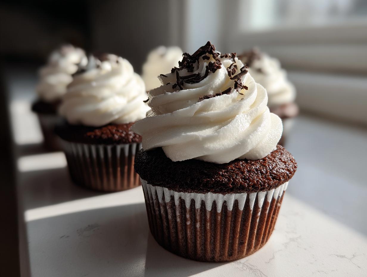 A close-up, low-angle shot of a rich chocolate hot chocolate cupcake topped with white frosting and chocolate shavings.