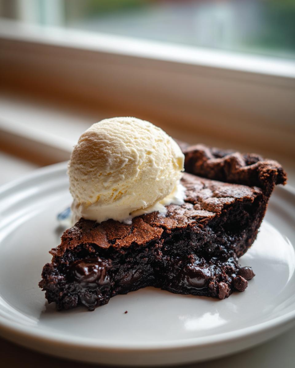 A decadent slice of rich, gooey hot fudge pie topped with a scoop of melting vanilla ice cream.