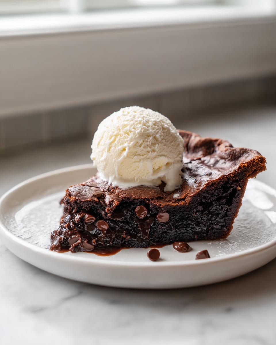A rich slice of hot fudge pie oozing chocolate chips, topped with a scoop of vanilla ice cream.