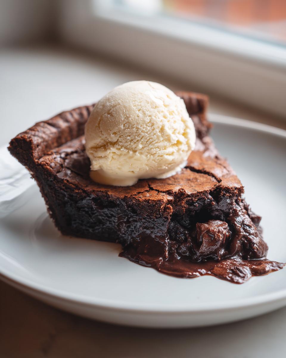 A decadent slice of hot fudge pie with a molten chocolate center, topped with a scoop of vanilla ice cream.