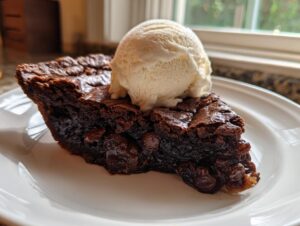 A decadent slice of hot fudge pie with a gooey chocolate center and a scoop of vanilla ice cream on top.