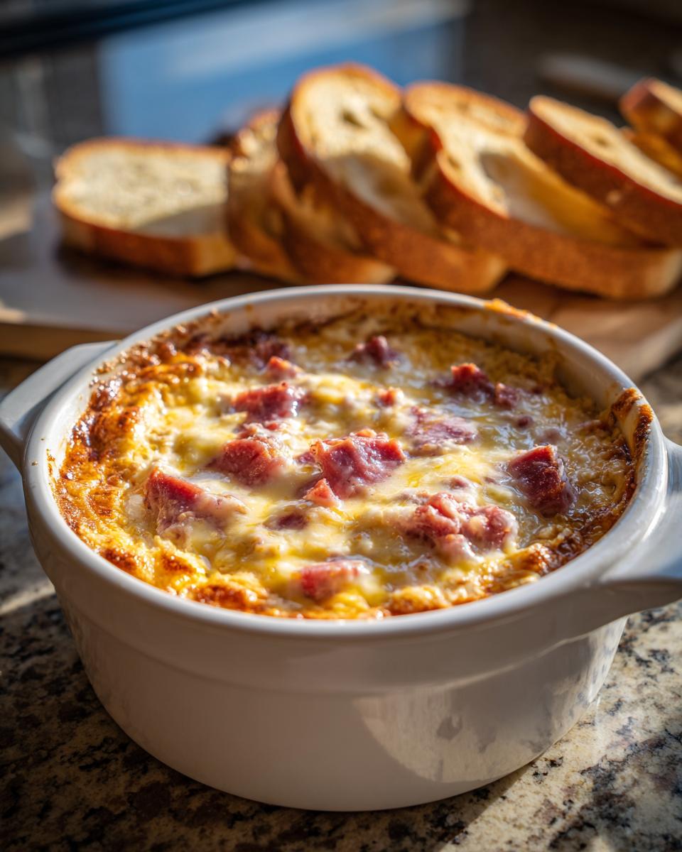 Close-up of a hot, baked reuben dip topped with melted cheese and corned beef, served with toasted bread slices.