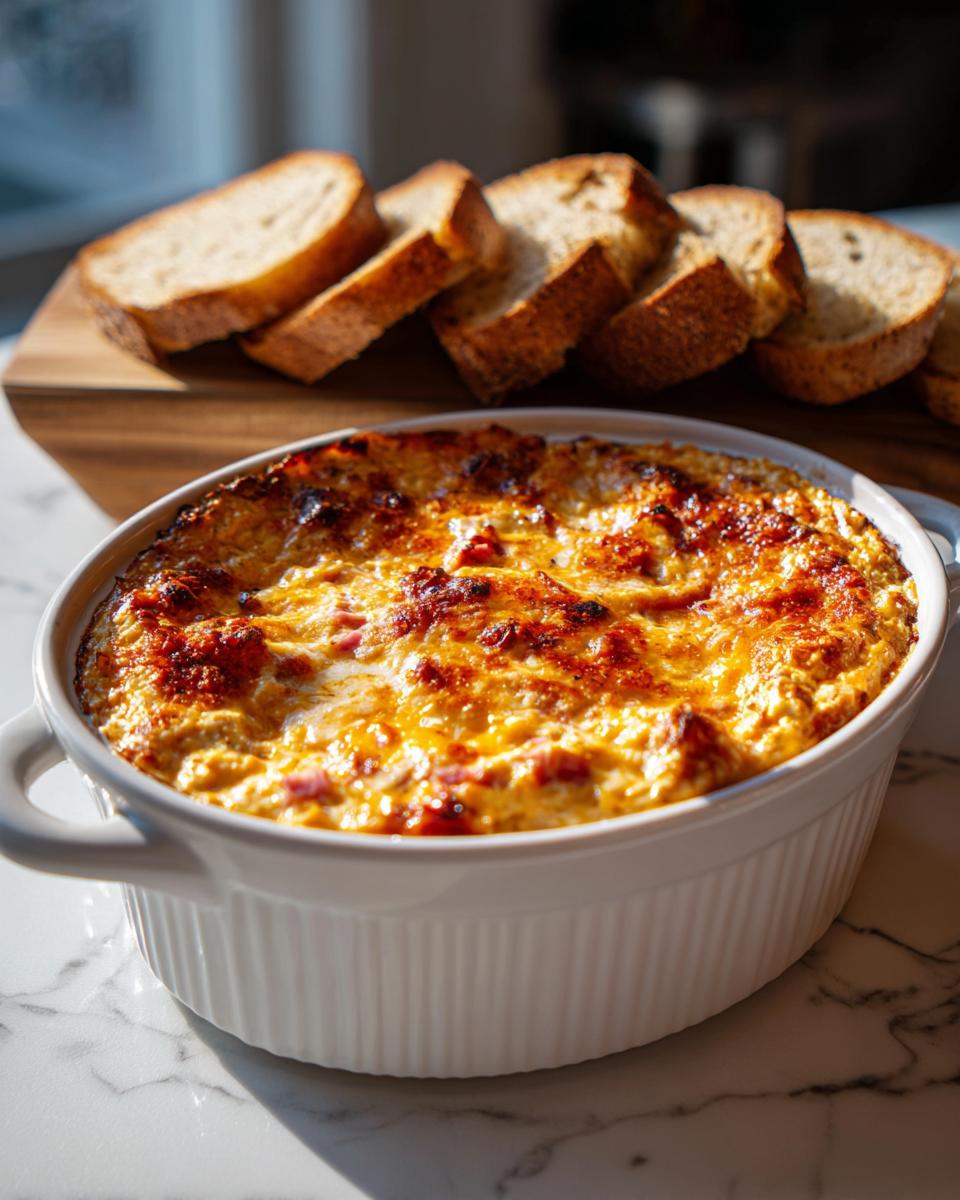 Close-up of a hot, bubbly reuben dip with a golden-brown, cheesy crust served with slices of toasted bread.