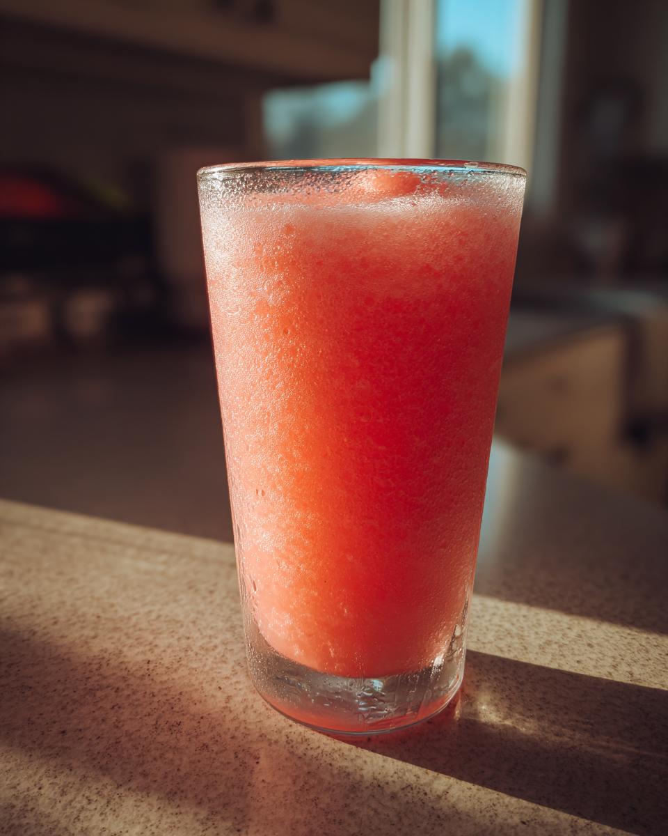 A tall, frosted glass filled with a bright red, icy strawberry daiquiri cocktail sitting on a sunlit countertop.
