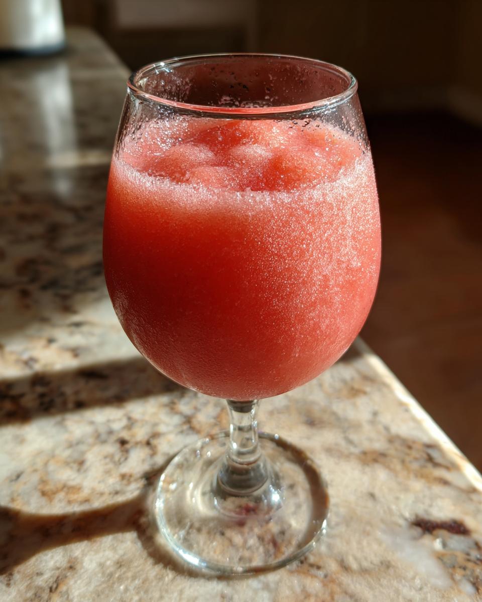 Close-up of a vibrant, icy strawberry daiquiri served in a stemmed glass on a granite countertop.