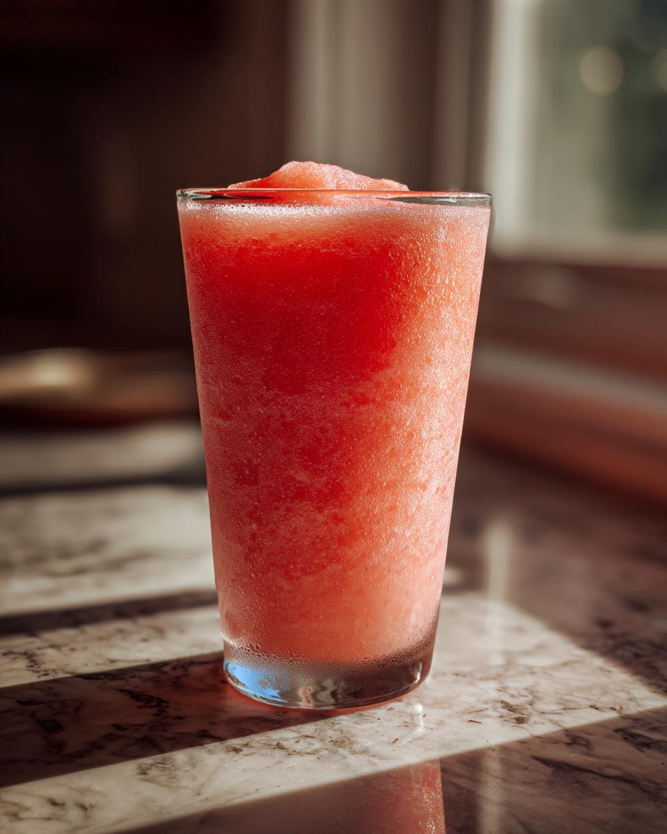 Close-up of a tall glass filled with a bright red, icy strawberry daiquiri, glistening in sunlight.