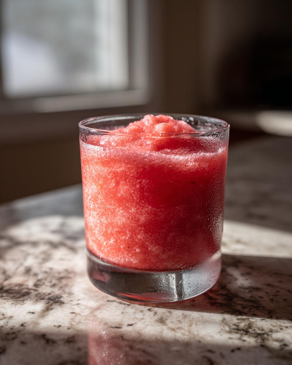 Close-up of a frosty, bright red strawberry daiquiri served in a short glass on a granite countertop.