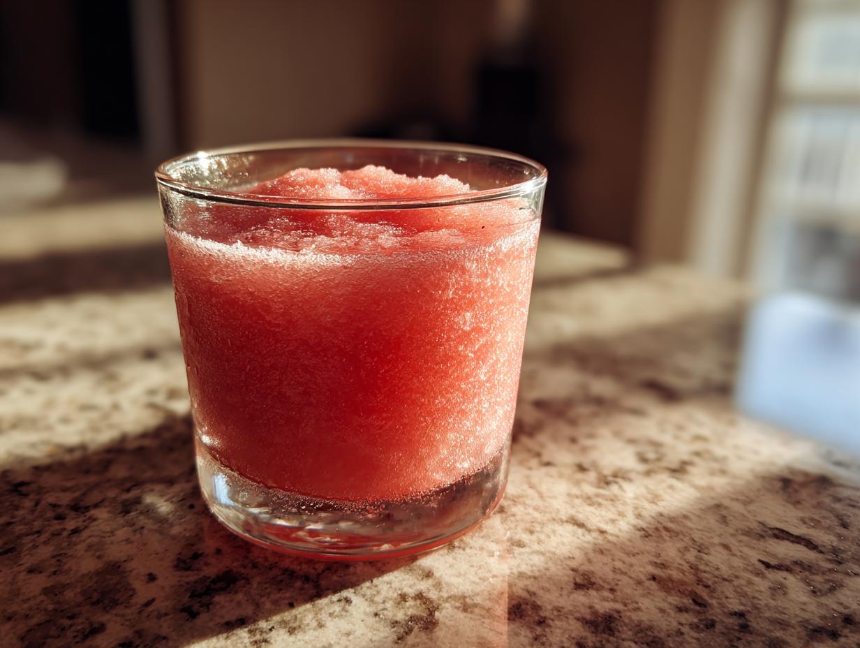 A close-up of a frosty, bright red strawberry daiquiri served in a short glass on a granite countertop.